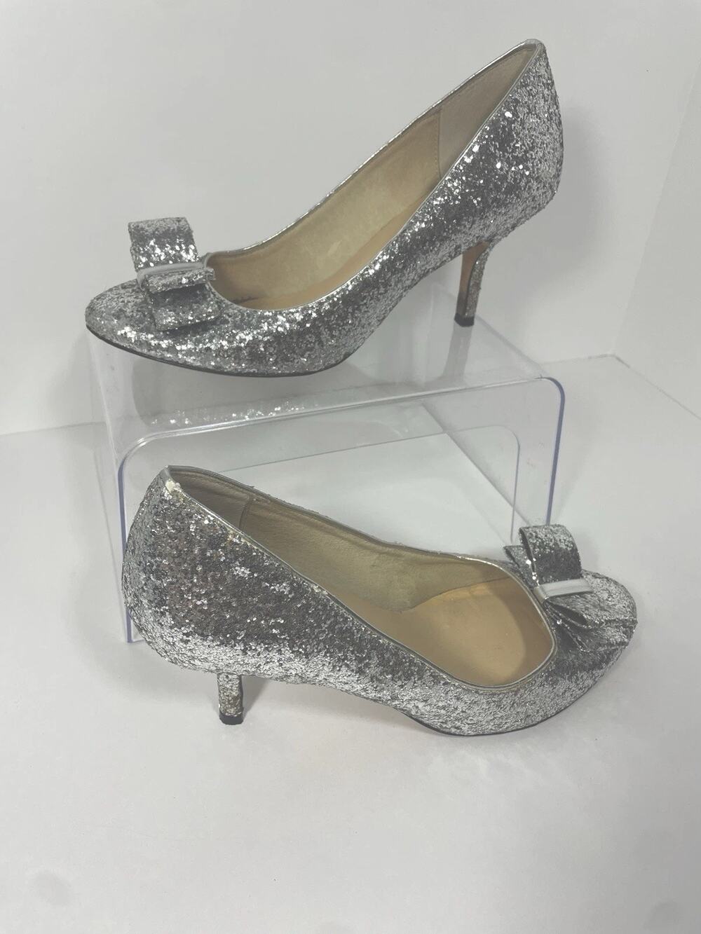 Kate Spade 3" Heel Sparkly Silver Glitter Pump Bow Top 8.5 Dressy Wedding Prom